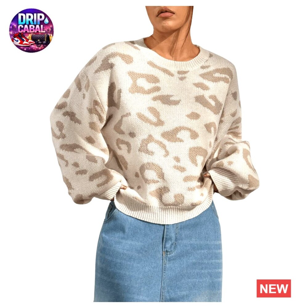 Vintage Leopard Print Drop Shoulder Loose Knit Pullover Sweater Y2k Chic
